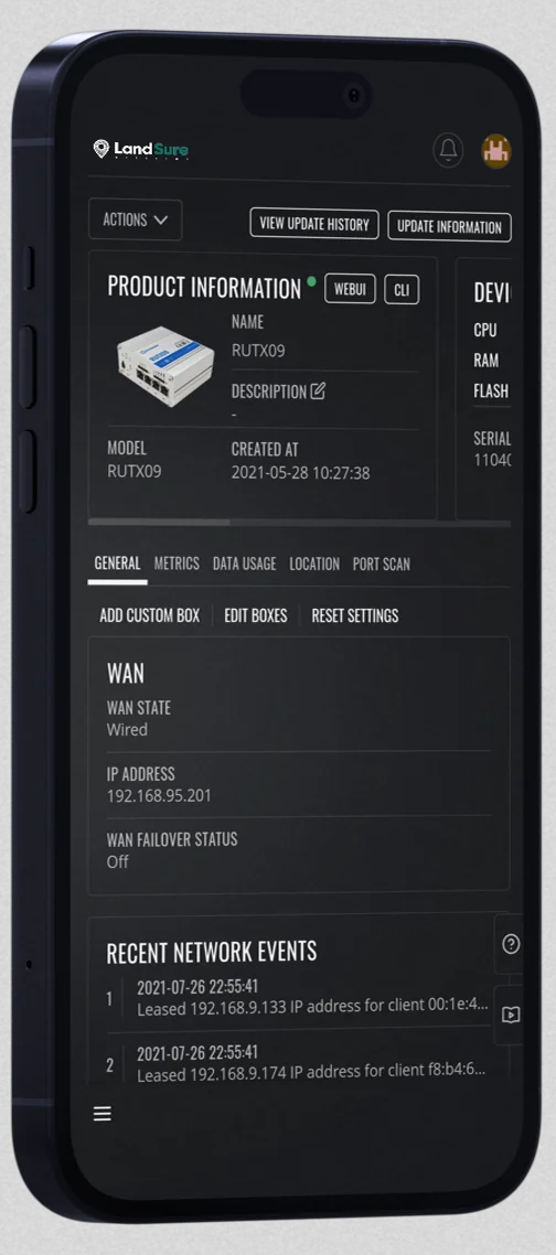 LandSure mobile dashboard showing live sensor product information and recent events