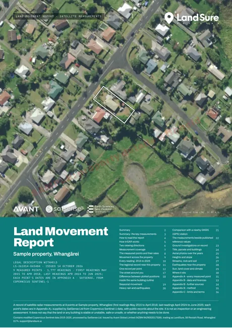 Cover of the LandSure sample Land Movement Report (anonymised sample property)
