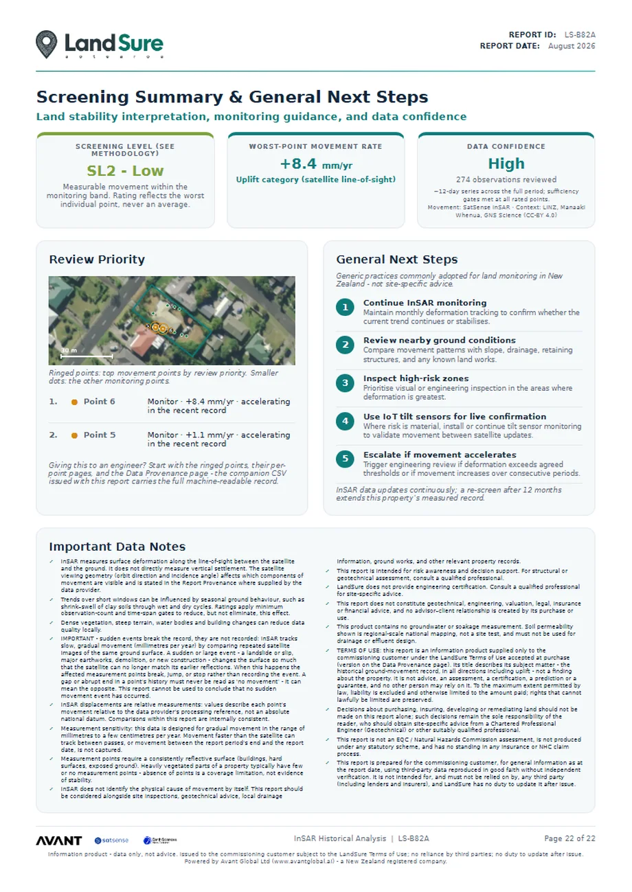 Report page: screening summary and next steps