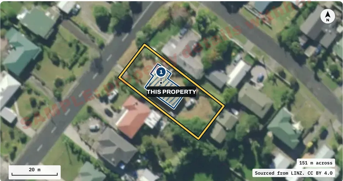 Buildings on record map from the sample report: the building outline LINZ has traced on the parcel, on the aerial photo