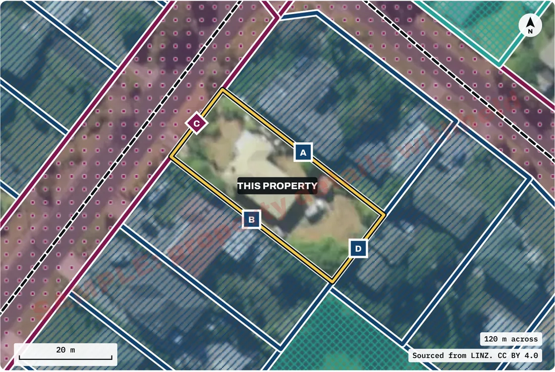 Parcel facts map from the sample report: the parcel outlined on the aerial photo, with each neighbouring parcel shaded and each shared edge lettered