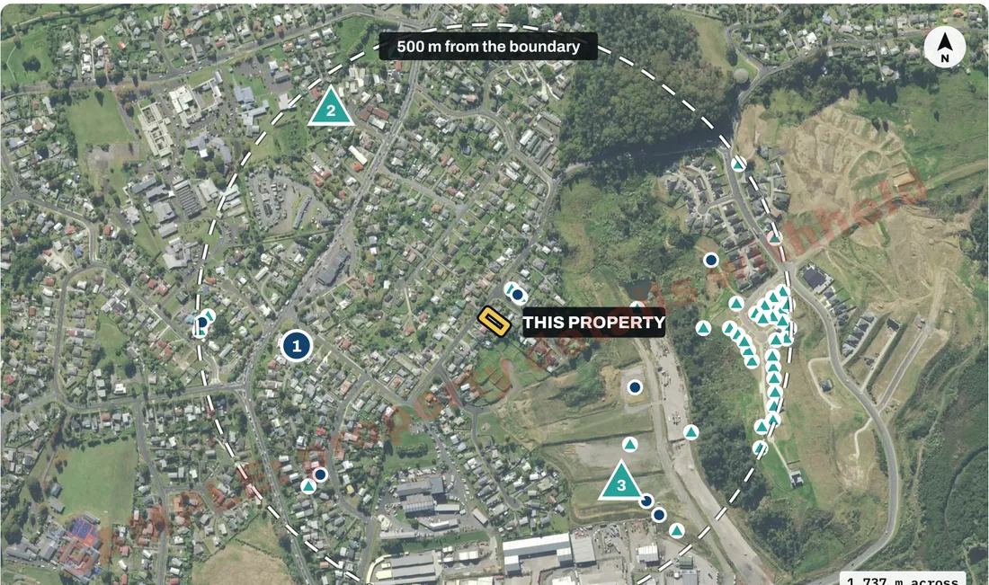 Survey plans and titles nearby map from the sample report: marks for recent survey plans and titles inside a 500 m ring around the parcel