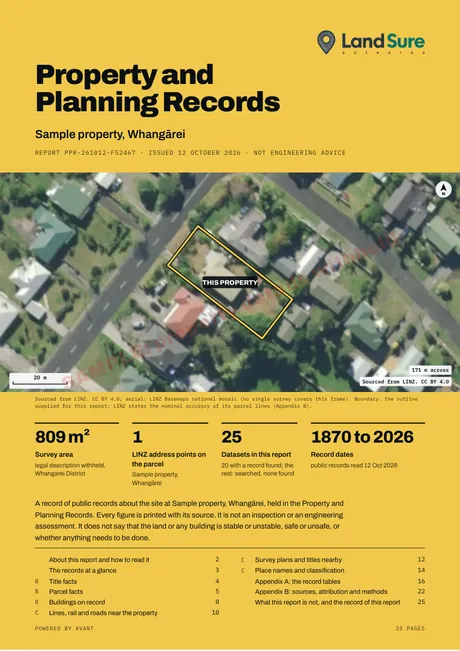 Cover of the sample Property and Planning Records report for a sample property in Whangārei: an aerial photo of the parcel, its 809 m2 survey area and the list of sections