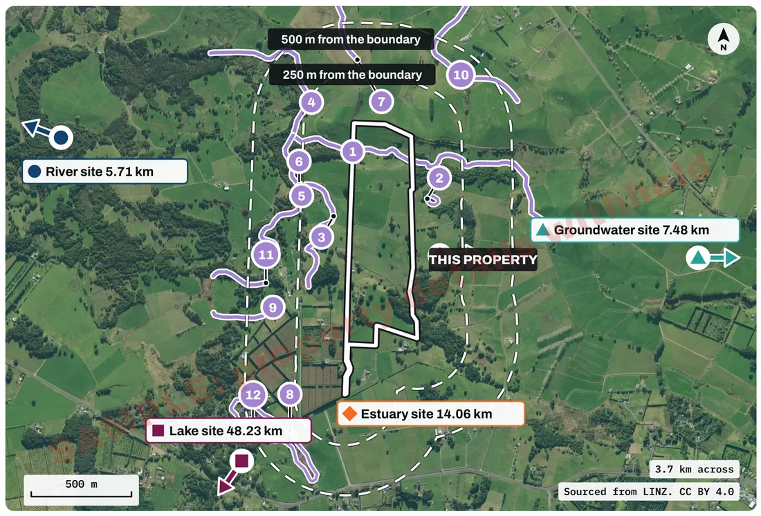 Surface water map from the sample report: numbered rivers and streams near the block, with arrows to the nearest river, lake, groundwater and estuary monitoring sites